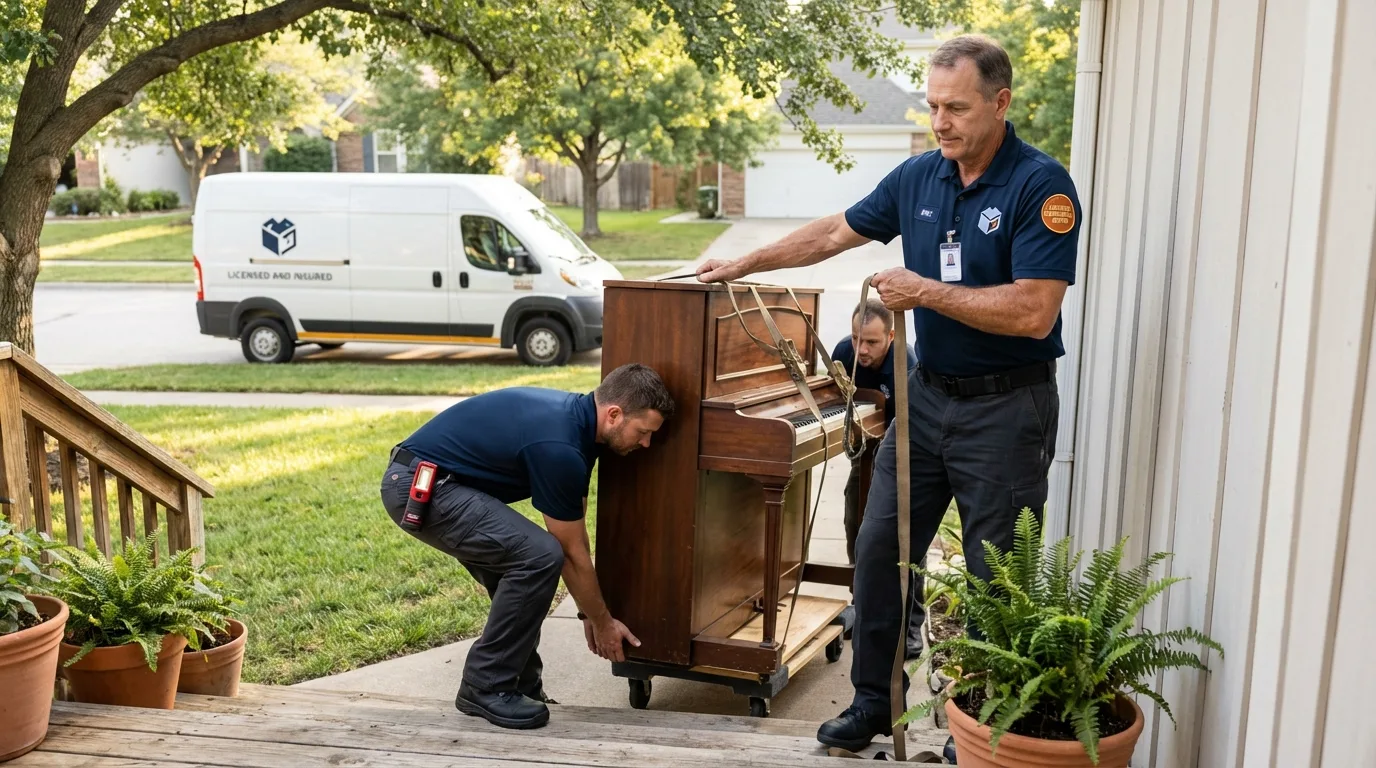 Licensed piano movers securing grand piano in Streator, IL