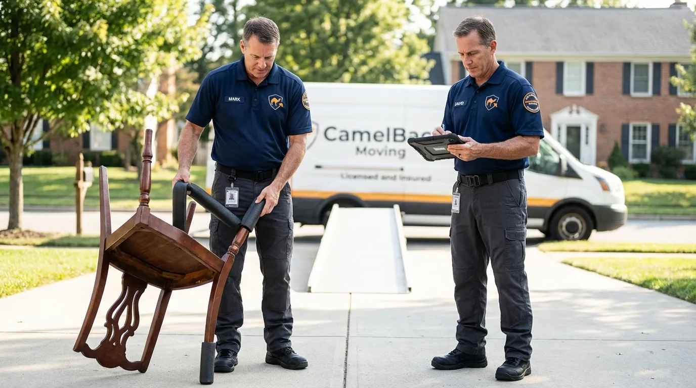 Movers inspecting furniture for damage prevention before loading in Streator, IL