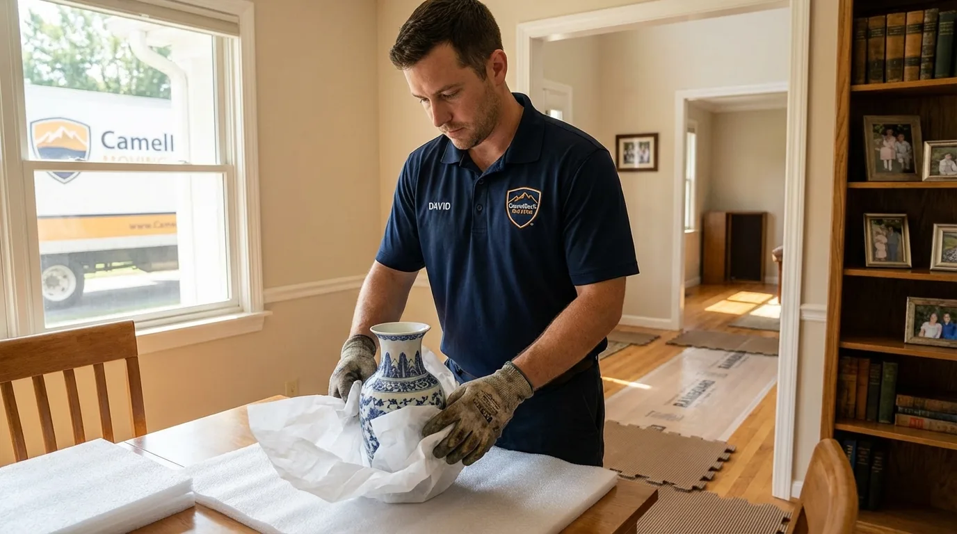 Professional crew carefully wrapping antique vase for senior downsizing move in Streator, IL